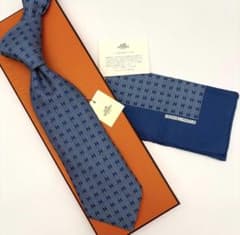 未使用保管品 】エルメス ファソネ ネクタイ H総柄 ハンカチ付 青 タグ