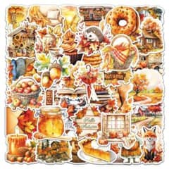 U74】シール 50枚 PET ステッカー 秋 動物 スイーツ コラージュ素材