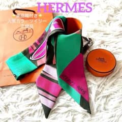 HERMES 極美品ツイリー スカーフ グリーン×ピンク 箱・タグ・袋付き