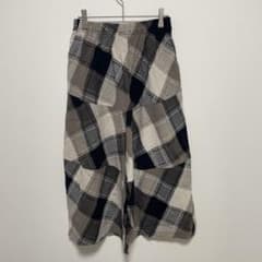 【美品】クレッシェントデュオ リネン混 チェック柄 ワイドパンツ M 切替 美品】クレッシェントデュオ リネン混 チェック柄 ワイドパンツ M 切替
