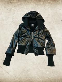 00s y2k ダブルジップ レザージャケットボア グランジ 光沢 長リブ 短