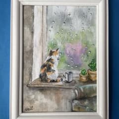 水彩画 雨音を聴く猫 絵画 原画 - メルカリ