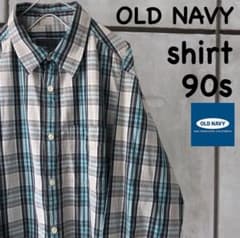 古着 メンズ 長袖 90s オールドネイビー チェックシャツ Lのサムネイル