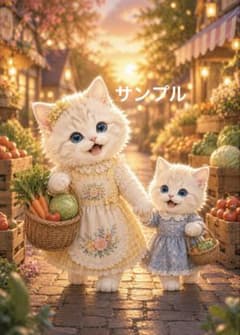 [한 번만] 쇼핑 돌아 오는 흰 고양이 부모와 자식 고양이 아트 K857