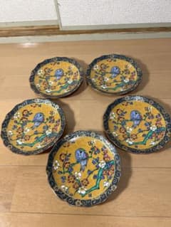 167 九谷焼 青粒花鳥皿 5客 金彩 未使用 - メルカリ