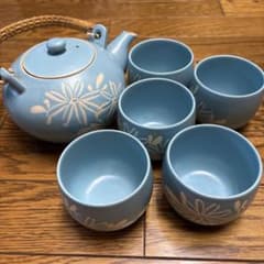 水色 陶器製 急須 籐ハンドル 花模様のサムネイル
