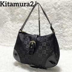 美品 キタムラ2 ワンショルダーバッグ 総柄 Kロゴ キャンバス レザー 黒