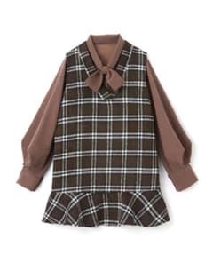 GRL 리본 타이 볼륨 소매 블라우스 × 체크 원피스 세트 [ac1460]