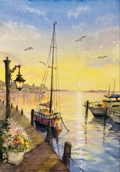 夕凪の港 – Golden Harbor – 水彩画 原画 - メルカリ