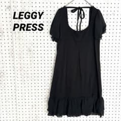 レジープレス パフ袖 フレアワンピース 背中リボン（M）フリル裾 ブラック