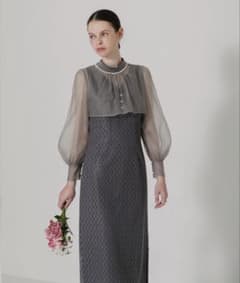 LEJA】パールネックパフスリーブボレロ格子レースワンピースドレス