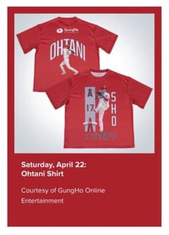 【大谷翔平 ・限定Tシャツ 】アメリカ、エンゼルス・スタジアム4/22観戦者限定のサムネイル