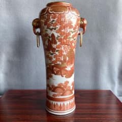 金襴手遊環付花生　湖東焼　江戸時代末期　金彩　象遊環双耳　花入　花瓶　色絵人物 金襴手遊環付花生 湖東焼 江戸時代末期 金彩 象遊環双耳 花入 花瓶