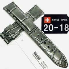 3059#20mm-18mmダークアッシュ★本物クロコダイルベルト★スイス製 3103#20mm-18mmダークアッシュ☆レザーベルト☆クロコダイルスイス製