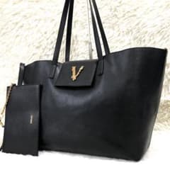 希少】VERSACE トートバッグ ヴィルトゥス レザー ポーチ付 肩掛け 黒 