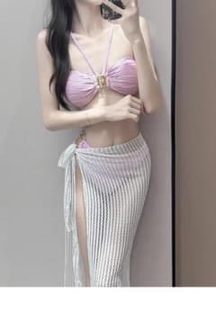 ストラップレスビキニ 3点セット ミニマルデザイン ビーチ リゾート ピンク