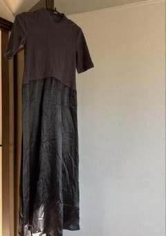 リブニット切替 ロングワンピース 半袖 ブラックのサムネイル
