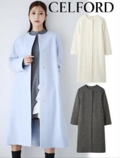 新品未使用】CELFORDセルフォード♪カシミア混ノーカラーコート CHECK
