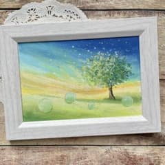 オイルパステル画　夕陽と湖とにゃんこNo.3 風景画　ご予約品 オイルパステル画 アクリル画 朝日と希望の木 風景画 ご予約品 - メルカリ