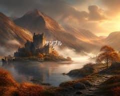 湖畔の古城と紅葉の風景 イラスト アートのサムネイル
