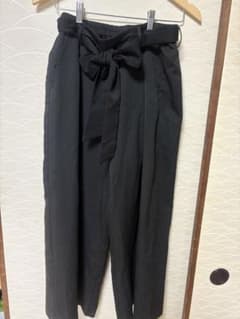 ブラック ワイドパンツ Lサイズ ウエストリボン付きのサムネイル