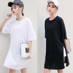 【注目】スリット入り　Tシャツロングワンピース　灰L　a275-1のサムネイル