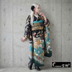 【期間限定価格】黒×ターコイズ♡振袖フルセット 青緑グラデ×クールモダン 成人式 期間限定価格】黒×ターコイズ♡振袖フルセット 青緑グラデ×クール