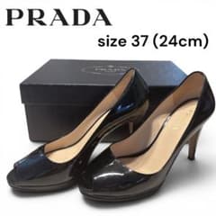 美品　PRADA プラダ　エナメルオープントゥパンプス　ブラック　36 美品】PRADA プラダ オープントゥパンプス エナメル ブラック 37