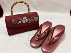 和装バッグ 草履 セット ボルドー 花柄 バンブー持ち手 着物のサムネイル