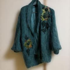 ターコイズ色 花柄刺繍 カーディガンのサムネイル