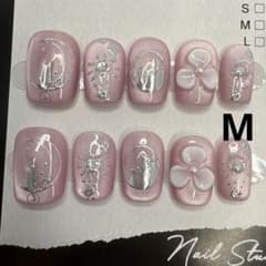 ネイルチップ ピンク シルバー アート 10枚セットMサイズのサムネイル
