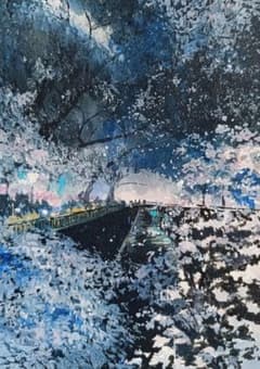 水彩画 原画 額装有 『雨の夜桜』のサムネイル