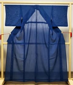 A◇着物くつろぎ 夏物 茅の地模様 青 化繊 小紋 薄物 絽 紗 着物