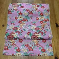 正絹　ピンク色のお花刺繍がかわいい帯　名古屋帯　レトロ帯のサムネイル