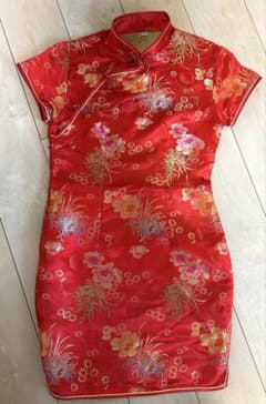 チャイナドレス ミニ丈 レッド 花柄 コスプレ衣装のサムネイル