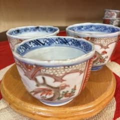 古伊万里 色絵／金彩 手描き 蕎麦猪口／向付 草木花紋様 無傷3個