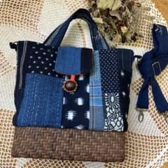 山葡萄籠と藍染め紅花染め古布刺し子2wayショルダーバック、栃の実