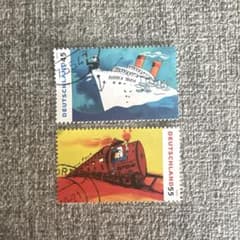 1143 【消印有：海外切手(ドイツ)】 船と蒸気機関車 イラスト切手 2種