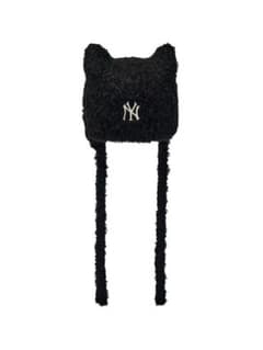 新品】MLB 韓国限定 ビーニー 猫耳 ニット帽 ブラック 黒 紐あり