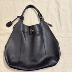 濱野皮革工藝 HAMANO ネイビー レザー ハンドバッグ ゴールド金具 