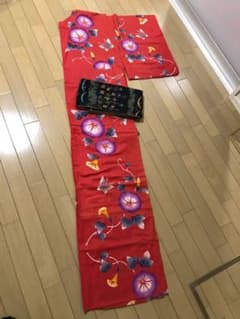 レトロ浴衣　注染　赤　朝顔のサムネイル