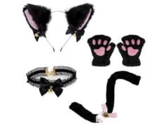未使用 猫耳 カチューシャ 肉球グローブ 尻尾 チョーカー 4点セットのサムネイル