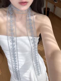 花柄刺繍 レーススカーフ グレイッシュブルー 180cm×5cm ロングリボンのサムネイル