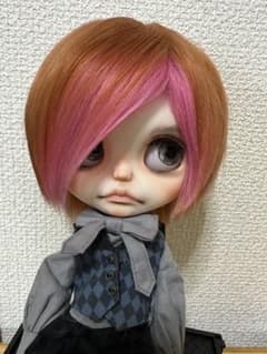 アイシードール 本体男の子　ボアウィッグ　OF付き　パテ盛りスカーフェイス アイシードール ブライス ボアウィッグ ココナッツブラウン×ローズ