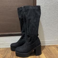 ブラック スエード ロングブーツ 高ヒール - 4