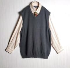 ネクタイシャツニットベスト　シルク　ペイズリー　ワッペン　襟切替　太アーム　古着 ネクタイシャツニットベスト シルク ペイズリー ワッペン 襟切替 太