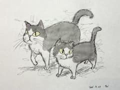 【親子ハチワレ】原画 猫のインテリア絵画 ドローイング水彩 ハンドメイド　アートのサムネイル