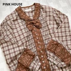 美品 ピンクハウス ロングワンピース チェック 花柄 リボン コットン100% 美品 ピンクハウス ロングワンピース チェック 花柄 リボン コットン