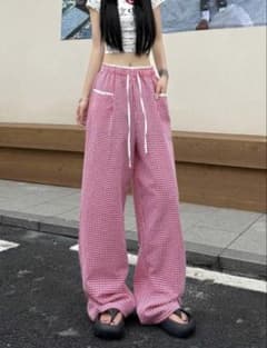 ワイドパンツ 赤ギンガムチェック 春秋夏用のサムネイル