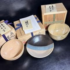 ★茶道具/虫明焼！むしあけ『松本 学』造！茶碗3個 まとめて！共箱！★ ☆茶道具/虫明焼！むしあけ『松本 学』造！茶碗3個 まとめて！共箱